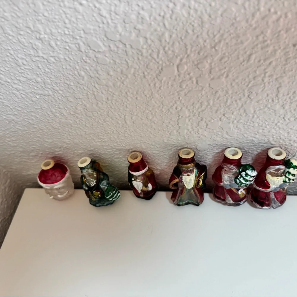Vintage Hand Painted Glass Santa Claus Light Covers Ornaments Set of 6 Retro